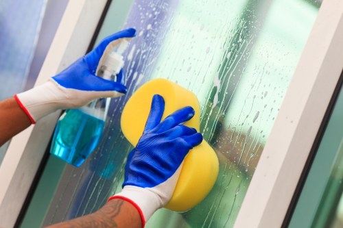 Cleaner checking a property for hazards before starting work