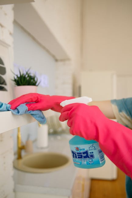 Close-up of a person wearing pink rubber gloves using a spray bottle of cleaning solution to sanitize a white shelf in a kitchen or living area. The shelf holds a small potted plant with green foliage